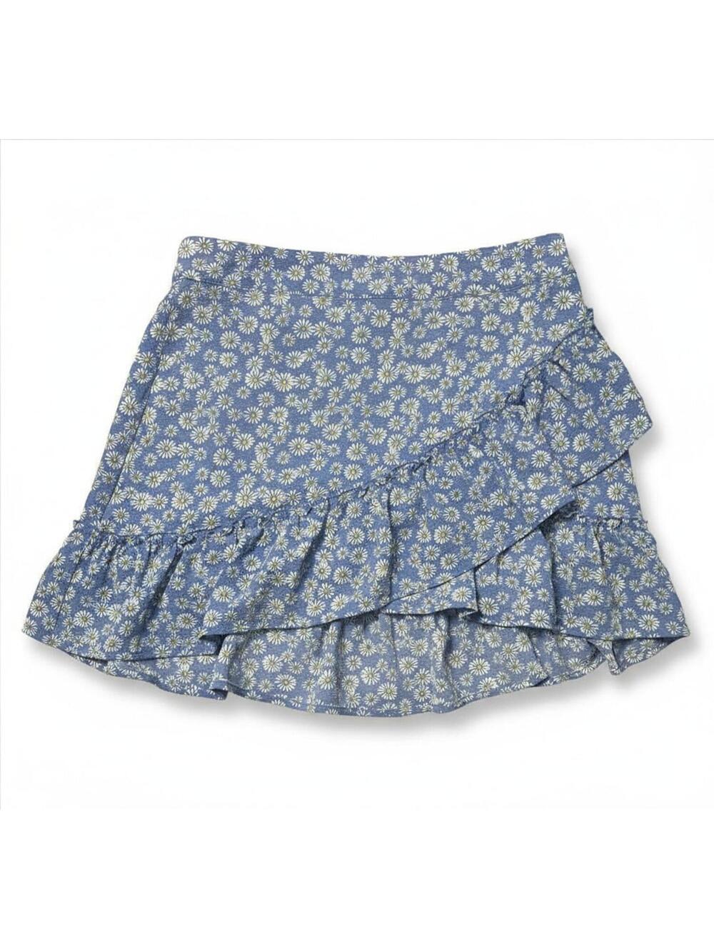 Forever 21 Blue & White Daisy Floral Ruffle Mini Skirt Size M Boho Fairycore Y2K
